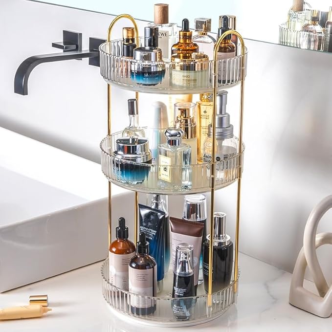 Vanity Organizer - 360 Rotating Countertop, High-Capacity Skincare & Cosmetics Organizer (3 Tiers, Clear)