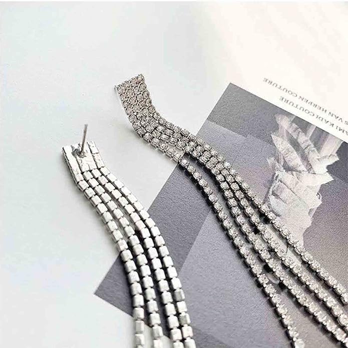 Boho Rhinestone Tassel Earrings Long Fringe Drop Dangle Earrings Silver Crystal Chain Tassel Earrings Vintage Chandelier Chain Studs Earrings Luxury Statement Earrings Jewelry for Women and Girls Gifts