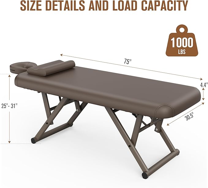 Dolonm Height Adjustable Massage Table with Face Pillow & Headrest for Treatment Table, Physical Therapy Table, Spa Facial Professional Massage Bed - Fixed Backrest, Brown