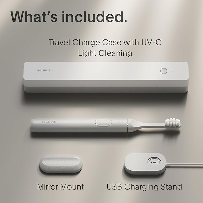 SURI 1.0 Sonic Electric Toothbrush with UV Cleaning Travel Case | 40+Day Battery | Designed in California | Electric Toothbrush for Adults | Travel Toothbrushes | Tooth Brush | White