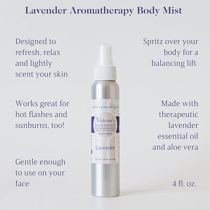 Victoria's Lavender Pillow and Linen Spray Mist (8 oz) and Aromatherapy Body Mist (4 oz) - After Sun Solar Recovery Spray with Aloe Vera and Lavender Essential Oil - Set of 2 – Made in the USA