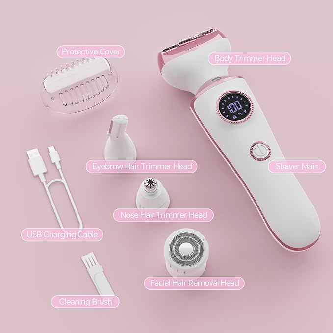 Electric Razor for Women, 4-in-1 Bikini Trimmer & Body Shaver for Face, Legs, Underarms, Pubic Hair, Rechargeable Wet/Dry Painless Hair Removal with LED Light & Travel Lock