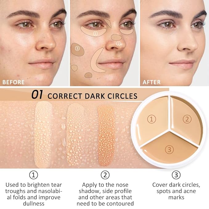 Kaely 3Pcs Tri Color Concealer Pot,Color Correcting Concealer for Dark Circles Spots,Cream Concealer Full Coverage,Foundation Contour Makeup Palettes,under Eye Brightener corrector de ojeras,01+02+03