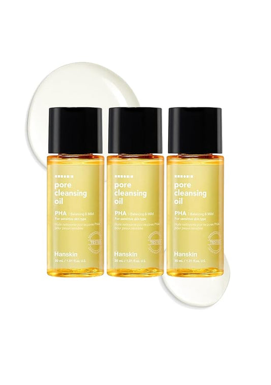 Hanskin PHA Pore Cleansing Oil Mini Set (1.01 oz x 3) – Travel Size Facial Oil Cleanser & Makeup Remover | Gentle Blackhead Care, TSA Friendly | Korean Skincare Stocking Stuffer & Gift for Women