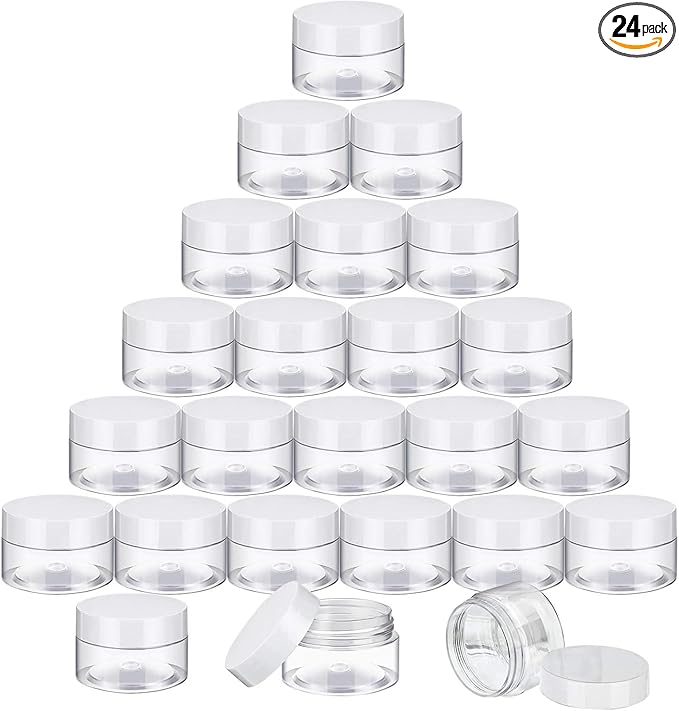 SATINIOR 24 Pieces Empty Clear Plastic Jars with Lids Round Storage Containers Wide-Mouth for Beauty Product Cosmetic Cream Lotion Liquid Butter Craft and Food (White Lid, 1 oz)