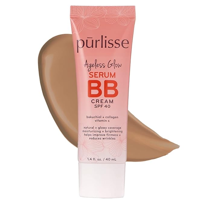 pūrlisse Ageless Glow Serum BB Cream SPF 40 - Glow BB Cream with SPF Enriched with Bakuchiol & Vitamin C to Help Improve Firmness & Reduce Wrinkles for Dewy Skin - Tan (1.4 oz)