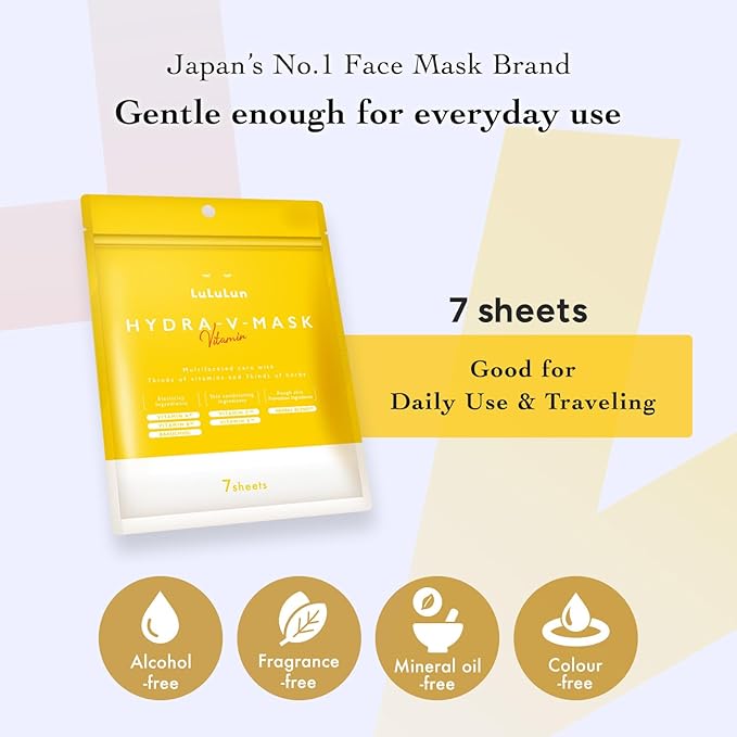 Lululun 7 Sheet Vitamin C Face Masks Skincare for Women & Men, Daily Face Mask Sheet for Pore Firming & Dull Skin, Facial Mask Sheet with 7 Herbs, Japanese Face Masks with 7+1 Vitamns Complex, HYDRA V
