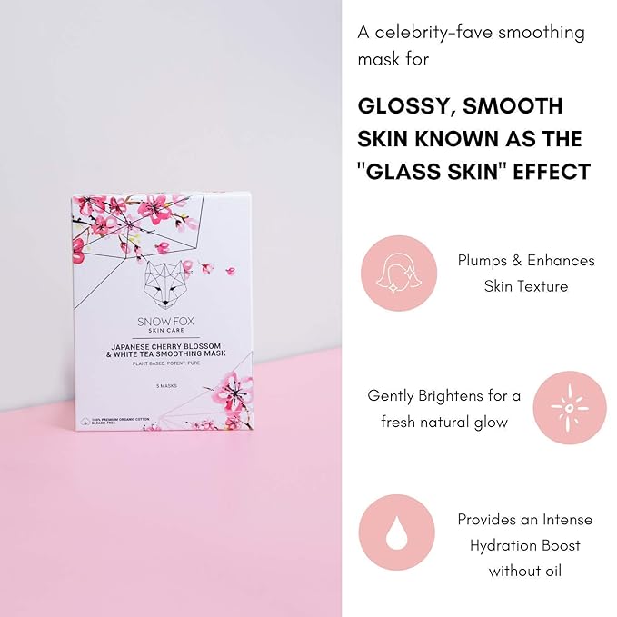 Snow Fox Japanese Cherry Blossom & White Tea Smoothing Sheet Mask – Hydrating Face Mask for Glass Skin Glow & Bridal Makeup Prep – Moisturizing Facial Skin Care for all Types – 5 Pack