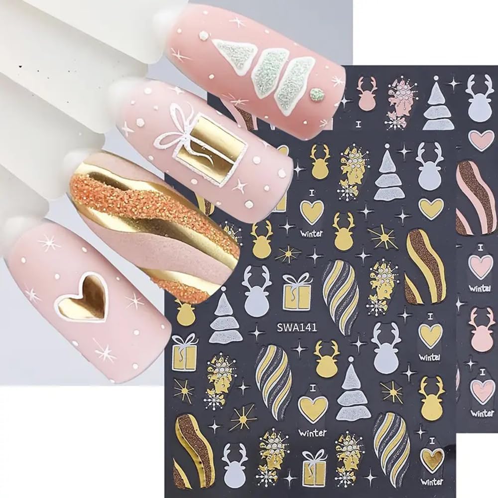 2PCS Christmas Nail Art Stickers, Winter Snowflake Reindeer Nail Stickers Christmas Gift Heart Pattern Self-Adhesive Nail Decals, DIY Nails Art Decoration, Festive Nails Supplies, Xmas Nails Charms