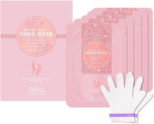 Toi:L Extra Silky Hand Mask 5 Pairs, Korean Moisturizing Gloves for Dry Hands with White Truffle, Green Caviar & Peptides, Repairing and Softening Hand Care Treatment for Aging, Cracked, and Dry Skin