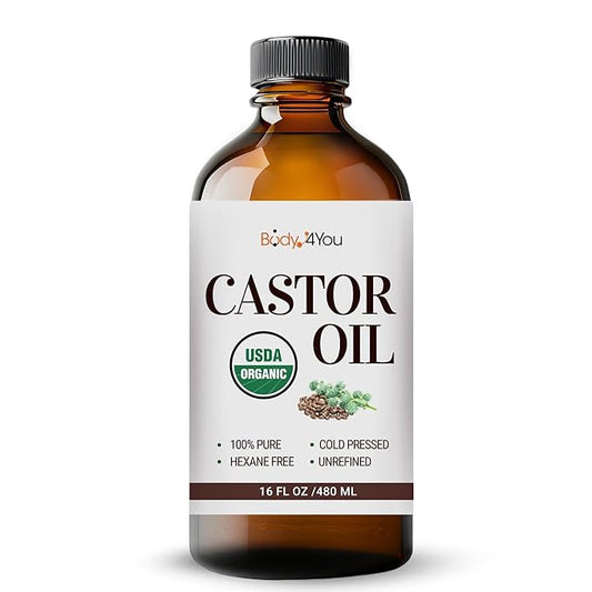 BodyJ4You Castor Oil for Eyelashes Eyebrows - 100% Pure Natural USDA Organic Cold Pressed - Hydrating Skin Hair Growth Oil Lashes Scalp - Non-GMO Hexane Free Unrefined Carrier - Glass Bottle 16 Fl Oz