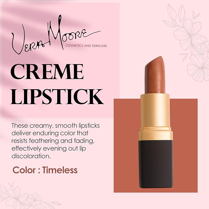 Vera Moore Creme Lipstick, Long Lasting, Lightweight, Moisturizing, Opaque Color with Staying Power, Fragrance, and Paraben Free Cosmetics Soft Lipstick (Timeless)