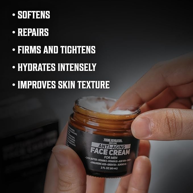 Viking Revolution Mens Anti Aging Face Cream - Mens Face Moisturizer for Men with Hyaluronic Acid, Aloe Vera, Vitamin E - Wrinkle Cream for Men with Vitamin B5, Green Tea (2 Fl Oz)