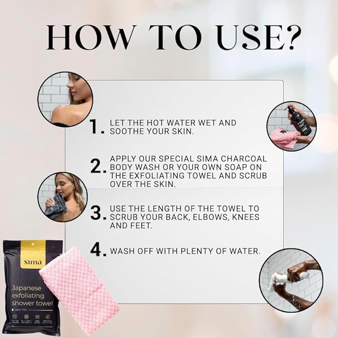 Exfoliating Washcloth Face & Body Scrub Towel - Japanese Exfoliating Towel with Hexagon Fibers, Body Scrubber with 2 Sides for Scrubbing & Washing, Extra Long Body Towel (Pink)