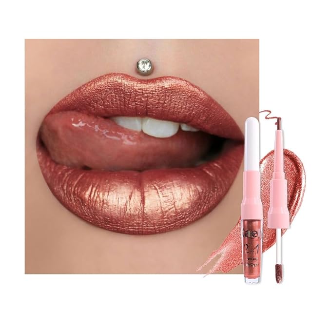 evpct Copper Metallic Glitter Lip Liner and Lipstick Combo Lip Gloss Stain Set Makeup for Women Long Lasting Waterproof 24, Bronze Gold Mocha Metallic Shimmer Frosted Iridescent Glossy Liquid Lipstick