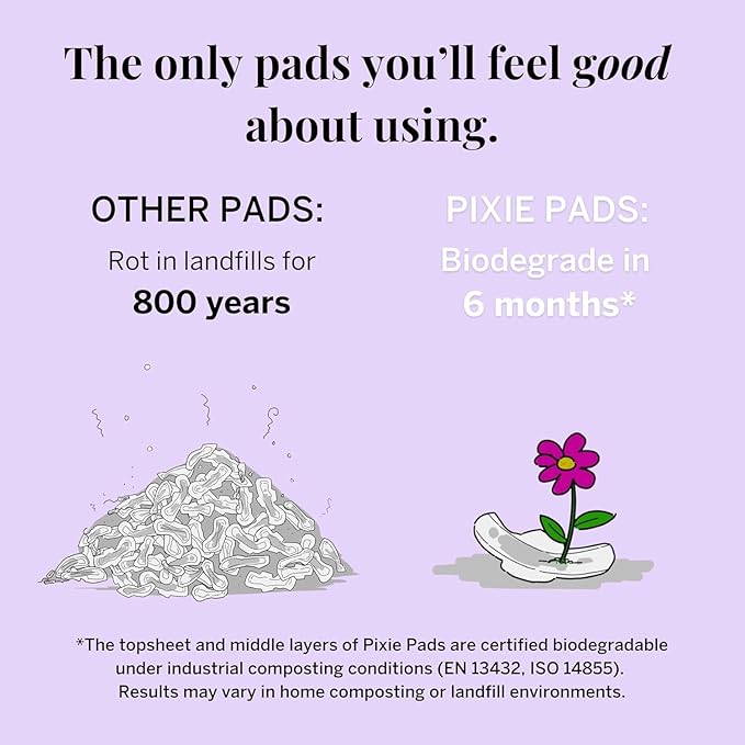 Pixie Organic Cotton Pads for Women - Ultra Thin with Wings, Leak-Proof & Moisture-Wicking for Feminine Care - Compostable, Unscented Menstrual Pads - Regular Absorbency - FSA Eligible - 12 Count
