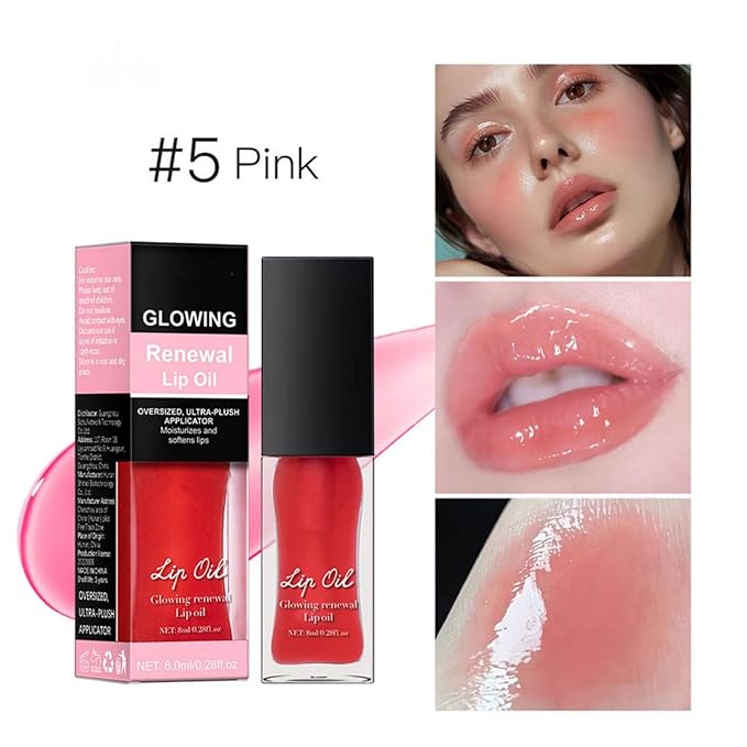 MAEPEOR Glowing Lip Oil 7 Colors Hydrating Lip Balm Nourishing Lip Care Lip Treatment Glossy Finish Non-sticky Moisturizing Lip Balm (05 Pink)
