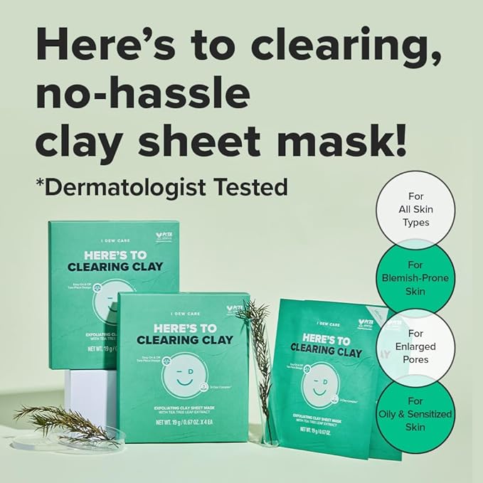 I DEW CARE Tea Tree Sheet Face Mask - Korean Skincare for Clearing and Calming Skin | Face Masks with 3-Clay Complex & Centella Asiatica, Hydrating Facial masks skincare, Sheet Mask for Women, 4EA