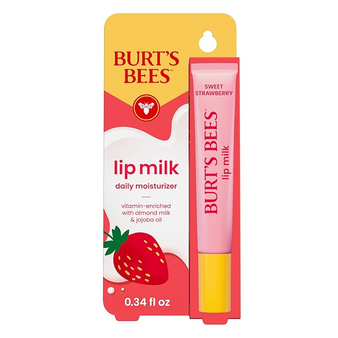 Burt’s Bees Lip Milk, Daily Lip Moisturizer, Sweet Strawberry, Vitamin Enriched Moisturizing Lip Balm with Almond Milk and Jojoba Oil, Hydrating for Softer Lips, 1 Tube, 0.34 Fl Oz