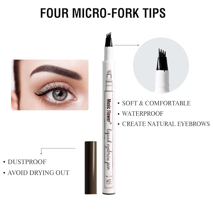 Music Flower Eyebrow Pencil, Liquid Eyebrow pen, Waterproof Brow Pen with Micro-Fork Tip, Fine Sketch Long Lasting Smudgeproof Microblading Pen - Chestnut
