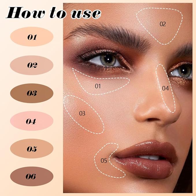 evpct 6 Colors Concealers Full Coverage Cream Contour Palette with Brush for Older Women, Under Eye Color Corrector Tri Color Pot Concealer Palette for Dark Circles Mature Skin Makeup, Waterproof, B1