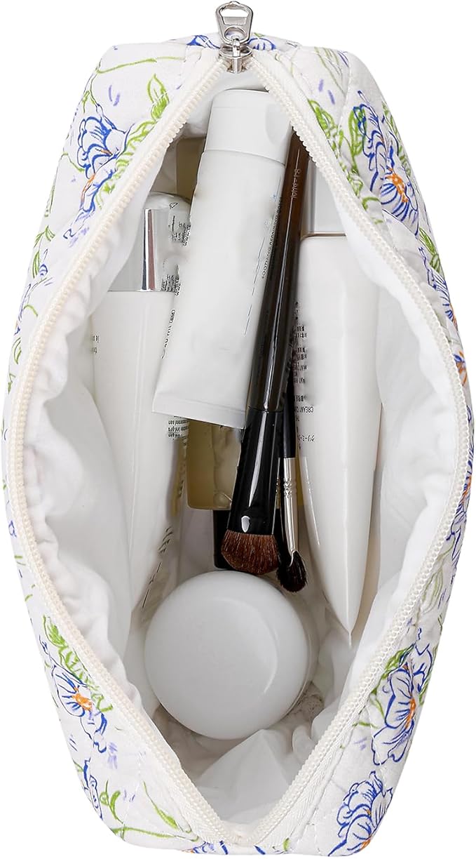 Makeup Bag Travel Cosmetic Bag for Women Girls, Zipper Make Up Pouch, Floral Flowers Toiletry Organizer Makeup, Portable Storage Bag, Cosmetic Travel Cloth Bag (L/Large Blue Flowers)