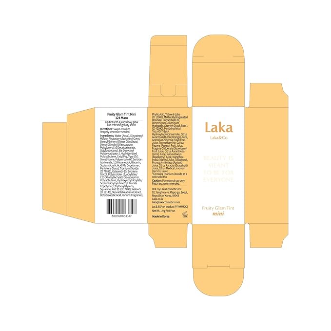Laka Fruity Glam Tint, 4.5g/0.15 oz., Glowing Lip Stain with Wide Color Spectrum, Hydrating & Lightweight Texture, Long-Lasting Bold Stain, Non-Sticky, Vegan, K-Beauty (#124 Maro)