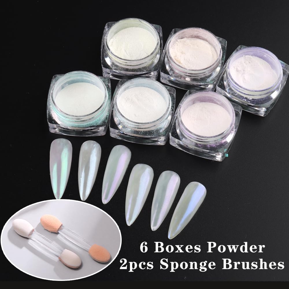 6 Colors Pearl Chrome Nail Powder,Aurora Mermaid Iridescent Powder Set, Metallic Mirror Effect Glitters Pigment for Gel Polish Nail Art Decorations