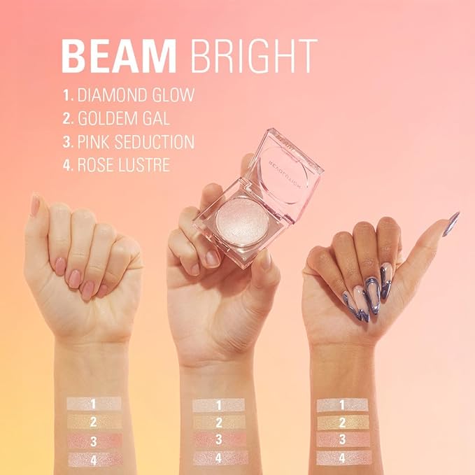 Makeup Revolution Beam Bright Highlighter, All Over Face Glow, Powder To Liquid Formula, 5 Different Shades, Pink Seduction
