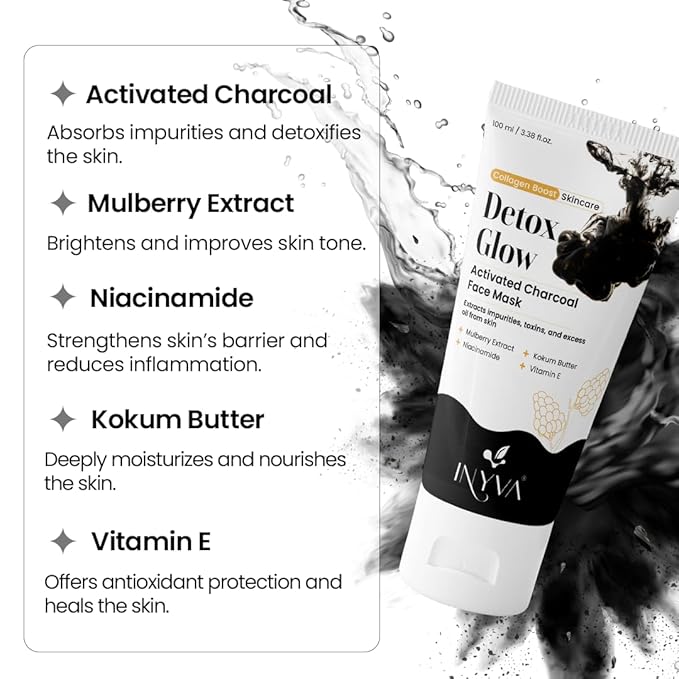 DetoxGlow Charcoal Clay Face Mask – With Kaolin, Activated Charcoal, Glycolic Acid & Niacinamide | Deep Pore Cleansing, Oil Control & Purifying Clay Mask for Men & Women - 3.38 Oz