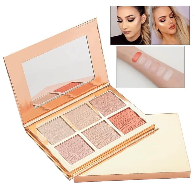 6 Colors Highlighter Makeup Face Palette, Shiny Glow Highlighter Shimmer Metallic Palette Professional Face Contouring Blemish Pallet, Natural Shiny Makeup Face Glitter Blush Cheeks Pallet Contour Illuminator Makeup Highlight Powder for Women