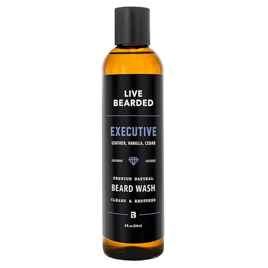 Live Bearded Beard Wash, 8 fl oz - Water-Based Face Cleanser with All-Natural Ingredients for a Gentle, Deep Clean - Made in the USA | Executive Scent - Cedar, Vanilla