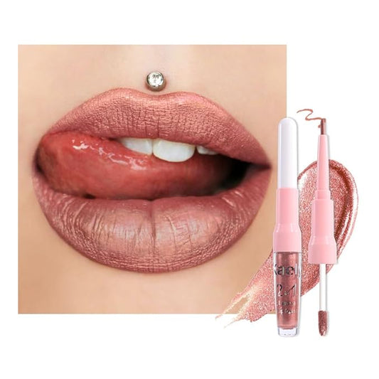 evpct Bronze Gold Metallic Glitter Lip Liner and Lipstick Combo Lip Gloss Stain Set Makeup for Women Long Lasting Waterproof 24, Rose Gold Metallic Shimmer Frosted Iridescent Glossy Liquid Lipstick 14