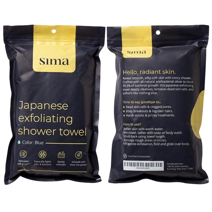 Exfoliating Washcloth Face & Body Scrub Towel - Japanese Exfoliating Towel with Hexagon Fibers, Body Scrubber with 2 Sides for Scrubbing & Washing, Extra Long Body Towel (Blue)