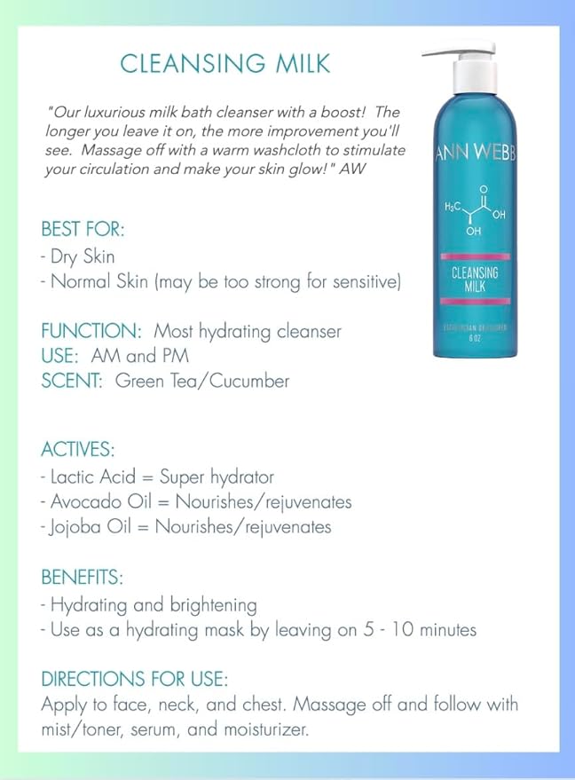 Facial Milk Cleanser - Gentle Daily Face Wash for All Skin Types. Thick, Hydrating, Moisturizing Cleanser w/Lactic Acid AHA Nourish & Rejuvenate 16oz