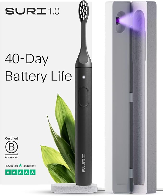 SURI 1.0 Sonic Electric Toothbrush with UV Cleaning Travel Case | 40+Day Battery | Designed in California | Electric Toothbrush for Adults | Travel Toothbrushes | Tooth Brush | Black
