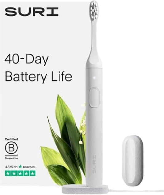 SURI 1.0 Sonic Electric Toothbrush | 40+Day Battery | Designed in California | Sustainable Electric Toothbrush for Adults | Travel Toothbrushes | Tooth Brush | White