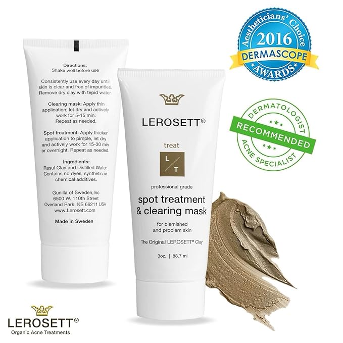 LEROSETT Facial Clay Mask for Acne, Oily Skin, Visibly Tightens Pores. Overnight Spot Treatment for Pimples, Blemishes, Cysts, Blackheads. 100% Natural, Spa-Grade, Made in Sweden Since 1987