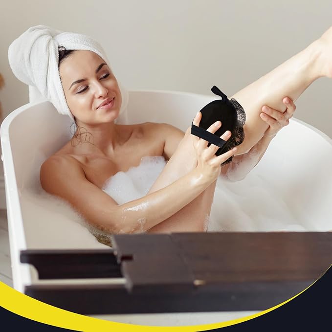 Boao 6 Pcs Bath Shower Pouf Sponge Mesh Pouf Shower Ball Exfoliating Body Sponge Pad Scrubber Glove with Flower Bath Ball (Black)