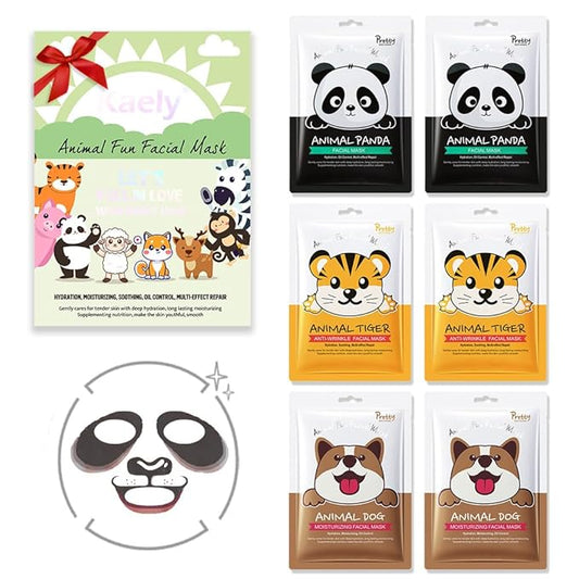 Kaely 6 Pack Kids Face Mask Spa, Animal Face Masks for Kids Teens Women Skincare, Animal Character Sheet Facial Mask for All Skin Types, Girls Night Party Skin Care Set, Birthday Christmas Gifts, 01