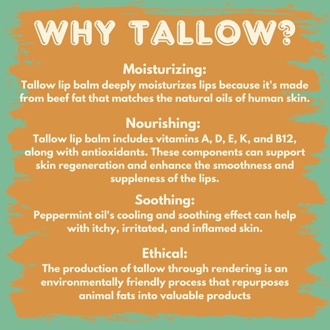 Tallow Lip Balm with Grass-fed and Finished Tallow, Organic Beeswax and Natural Peppermint Oil - Handmade With Only 3 Ingredients To Lock In Soothing Moisture (Peppermint) - 2 Pack