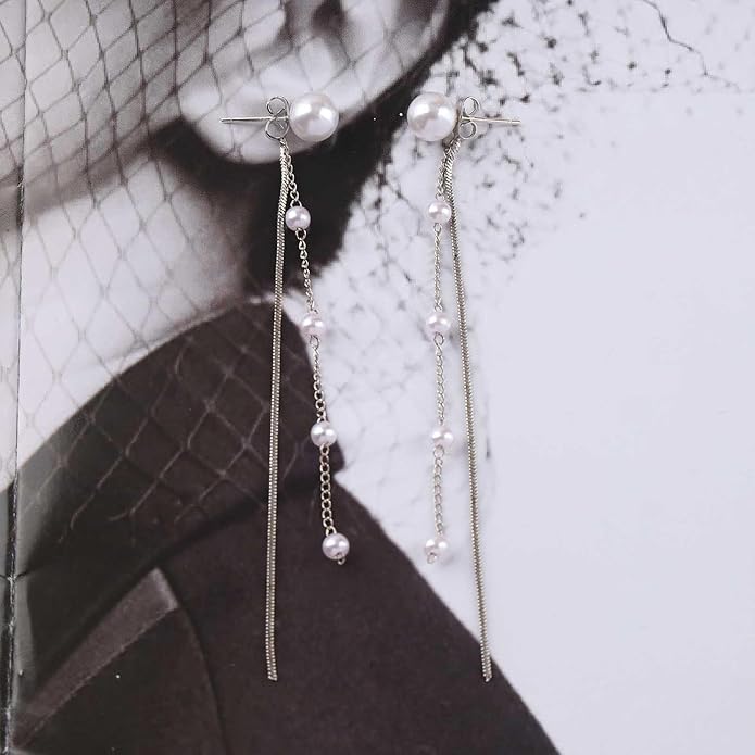 Vintage Pearl Dangle Earrings Long Pearl Chain Earrings Silver Pearl Tassel Drop Earrings Tiny Pearl Bridal Earrings Jewelry for Women