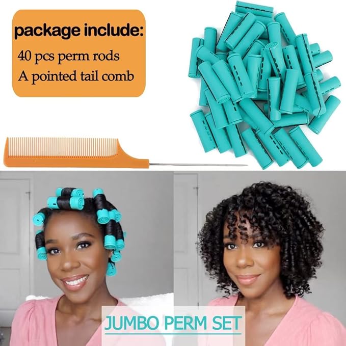 YOROSTAR 40pcs Green Plastic Perm Rods Set for Natural Hair, Large Hair Curling Rods for Women Hair DIY Hairdressing Tools