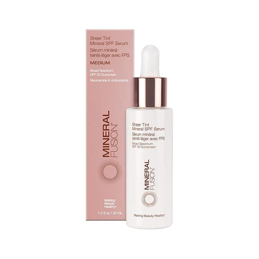 Mineral Fusion Face Serum, Sheer Tint Mineral SPF Serum, 1 Fl Oz, Medium, Tinted Broad Spectrum SPF 50 Mineral Sunscreen, Sheer Coverage, Lightweight & Dewy Finish for Glowing, Protected Skin