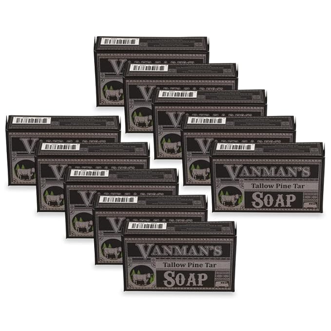 VanMan Tallow & Pine Tar Soap Bar – Grass-Fed Beef Tallow with Organic Oatmeal, Charcoal & Essential Oils – Exfoliating Face & Body Soap, 3.8oz - 10 Pack