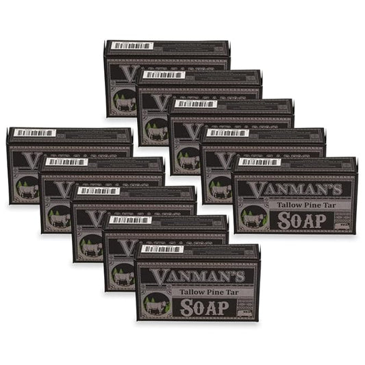 VanMan Tallow & Pine Tar Soap Bar – Grass-Fed Beef Tallow with Organic Oatmeal, Charcoal & Essential Oils – Exfoliating Face & Body Soap, 3.8oz - 10 Pack