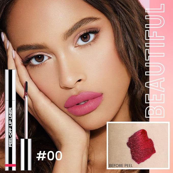 Peel Off Matte Liquid Lip Gloss Stain-Lip Liner with Tweezer, Delicate Pink Peel Off Lip Stain, Long Lasting & Waterproof Lipstick Tattoo, Transfer-Proof Lip Gloss for All Skin Types (00#, 1Pcs)