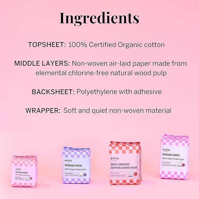 Pixie Organic Cotton Large Pads for Women - Extra Heavy Absorbency with Wings - Leak-Proof, Hypoallergenic & Unscented for Feminine Care - Compostable, Biodegradable - 48 Count