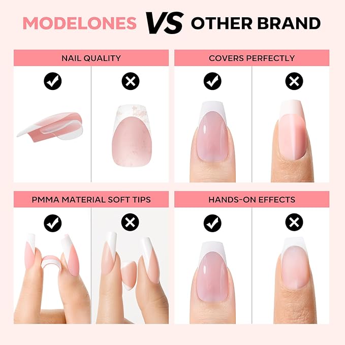 modelones French Tip Press on Nails, 150Pcs Short Coffin Fake Nails with Nail Box, Pink & White Gel Nail Tips for Women, Soft Glue-On Nails for Natural Salon Look, DIY Nail Art Kit (15 Sizes)