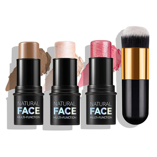 3pcs Face Contour Stick Makeup Set, Highlighter Stick Blush Stick Cream Contour Kit with Brush, Contouring Stick for Fair Skin, Concealer Makeup Stick Gift for Beginner Women Teen Girls
